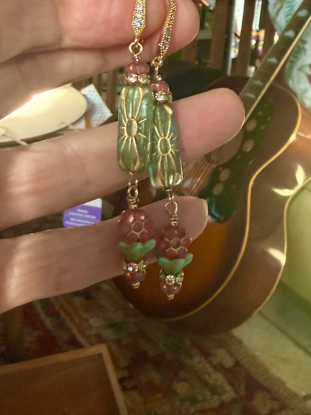 Green and Rose Gold Floral Dangle Earrings — Stylish Women’s Jewelry